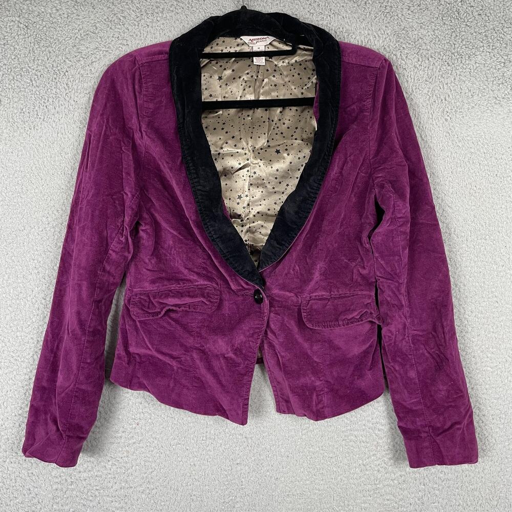 Arizona Jeans Blazer Womens Medium Purple Velvet Black Collar Lined Star Print